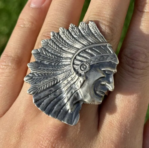 Native American Sterling Silver Indian Head Chief Adjustable Ring. KY Yazzie