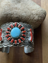 Load image into Gallery viewer, Navajo Native Sterling Silver Red Coral Turquoise Cluster Cuff Bracelet T Jon