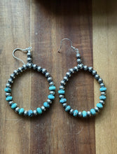 Load image into Gallery viewer, Southwestern Sterling Silver Turquoise Pearls Bead Hoop Earrings. Gift 3.25 Inch