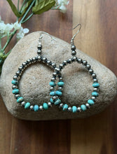 Load image into Gallery viewer, Southwestern Sterling Silver Turquoise Pearls Bead Hoop Earrings. Gift 3.25 Inch