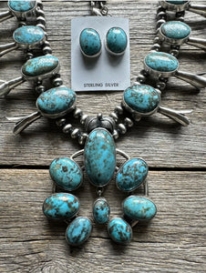 Navajo Sterling Silver White Water Turquoise Squash Blossom Pearls Necklace G