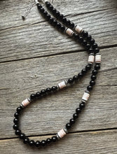 Load image into Gallery viewer, Sterling Silver Black Onyx Pink Conch Bead Necklace. 18 Inch Gift