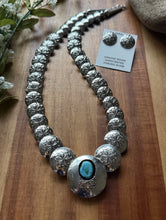 Load image into Gallery viewer, Navajo Sterling Silver Turquoise Stamped Pillow Beads Bead Necklace Earrings 22”