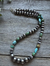 Load image into Gallery viewer, Sterling Silver Blue Green Turquoise W Pearls Round Bead Necklace 18 inch Gift