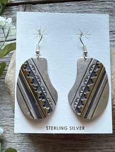 T and R Singer Native American Sterling Silver Gold Filled Earrings. 2.25 Inch