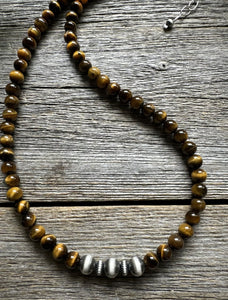 Southwestern 925 Sterling Silver Tigers Eye Pearls Bead Necklace 18 inch