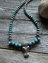 Load image into Gallery viewer, Navajo Sterling Silver Blue Turquoise Bar Pearls Necklace 16 inch Kevin Billah