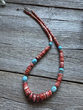 Load image into Gallery viewer, Heishi Sterling Silver Sleeping Beauty Turquoise Spiny Oyster Bead Necklace 18”