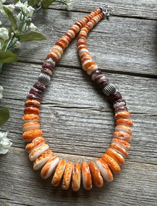 Sterling Silver Graduated Orange Purple Spiny Oyster Pearl Bead Necklace 18 Inch