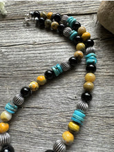 Load image into Gallery viewer, Sterling Silver Multi Stone Turquoise Onyx BumblebeeJasper Bead Necklace 18 inch