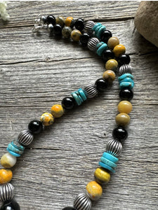 Sterling Silver Multi Stone Turquoise Onyx BumblebeeJasper Bead Necklace 18 inch