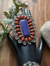 Load image into Gallery viewer, Tonya Rafael Navajo Sterling Silver Purple Charoite Red Coral Cuff Ring Set