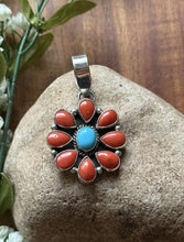Load image into Gallery viewer, Navajo Sterling Silver Red Coral Turquoise Cluster Pendant LY