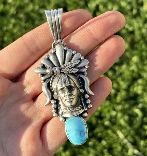 Navajo 925 Sterling Silver Turquoise Indian Chief Head Pendant Southwestern