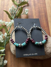 Load image into Gallery viewer, Sterling Silver Purple Spiny Oyster Turquoise Pearls Bead Loop Hoop Earrings