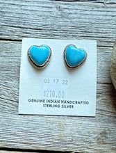 Load image into Gallery viewer, Navajo Sterling Silver Blue Turquoise Heart Stud Earrings. Gift