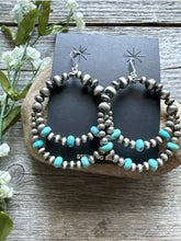Load image into Gallery viewer, Southwestern Sterling Silver Blue Turquoise Pearls Double Loop Earrings 2.5 Inch