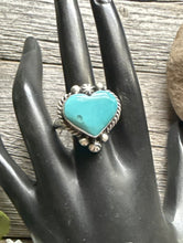 Load image into Gallery viewer, Native American Sterling Silver Blue Turquoise Adjustable Heart Ring. AM