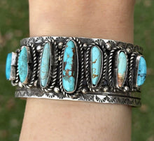 Load image into Gallery viewer, Navajo Native American Sterling Silver Blue Turquoise Row Cuff Bracelet C Yazzie