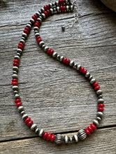 Load image into Gallery viewer, Sterling Silver Red Coral W 6mm 4mm Pearls Bead Necklace 18 inch
