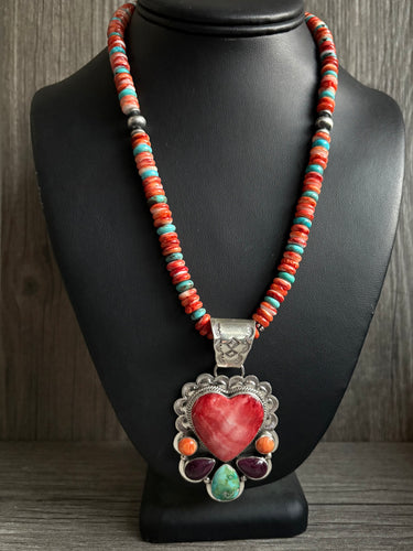 Handmade NavajoSterlingSilverOrangePurpleSpiney OysterTurquoisePendantW necklace