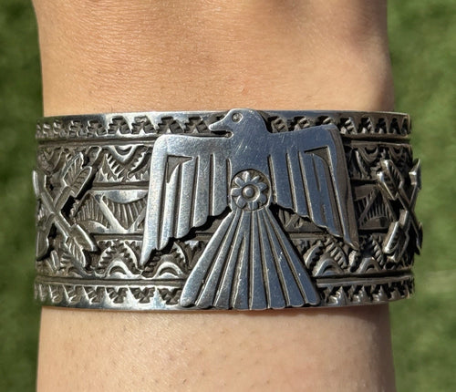Tsosie White TO Sterling Silver Thunderbird Cuff Bracelet Navajo Gift