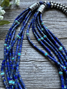 Sterling Silver Multi Strand Stone Lapis Turquoise Bead Necklace. 30 inch