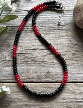 Load image into Gallery viewer, Sterling Silver Black Onyx W Red Coral Bead Necklace. 18 Inch