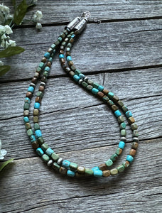 Sterling Silver Multi 2 Strand Blue Green Turquoise Bead Necklace. 20 inch