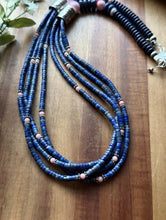 Load image into Gallery viewer, Sterling Silver Multi Strand Heishi Lapis Pink Conch Bead Necklace 26 inch