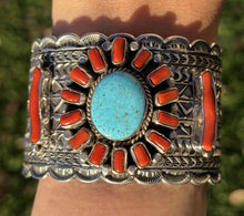 Load image into Gallery viewer, Navajo Native Sterling Silver Red Coral Turquoise Cluster Cuff Bracelet T Jon