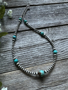 Southwestern Sterling Silver Turquoise 4mm Pearls Bead Necklace. 24 Inch. Gift