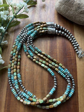 Load image into Gallery viewer, Sterling Silver Multi Strand Blue Green Turquoise Pearls Bead Necklace 26 Inch