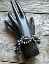Load image into Gallery viewer, Floral Sterling Silver Blue Lapis Pearls Bead Bracelet. 8 Inch