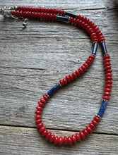 Load image into Gallery viewer, Sterling Silver Red Coral Lapis Bead Necklace. 18 inch Gift