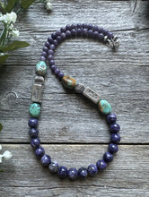 Load image into Gallery viewer, Southwestern Sterling Silver Charoite Turquoise Kokopelli Bead Necklace. 20 Inch