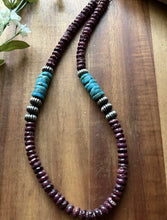 Load image into Gallery viewer, Sterling Silver Turquoise Purple Spiny Oyster Bead Necklace. 18 Inch