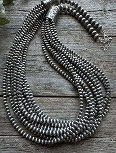 4mm Multi 10 Strand 925 Sterling Silver Oxidized Pearls Bead Necklace 24 Inch