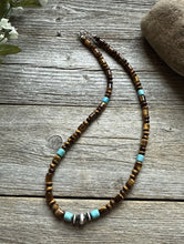Load image into Gallery viewer, Tigers Eye Multi Stone Turquoise Sterling Silver Bead Necklace. 18 inch Gift
