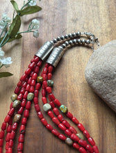 Load image into Gallery viewer, Sterling Silver Multi Strand Red Coral Turquoise Nuggets Bead Necklace 22 Inch