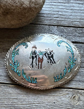Load image into Gallery viewer, Vintage Native American Sterling Silver Turquoise Mosaic Inlay Belt Buckle. JC
