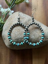 Load image into Gallery viewer, Southwestern Sterling Silver Turquoise Pearls Bead Hoop Earrings. Gift 3.25 Inch