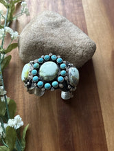 Load image into Gallery viewer, Native American Sterling Silver Palomino Turquoise Cluster Cuff Bracelet. RY