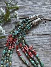 Load image into Gallery viewer, Sterling Silver Multi Strand Blue Green Turquoise Spiny Oyster Bead Necklace 20”