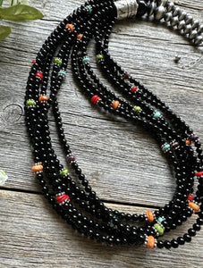 Sterling Silver Multi Strand Black Onyx Multi Stone Bead Necklace. 24 Inch