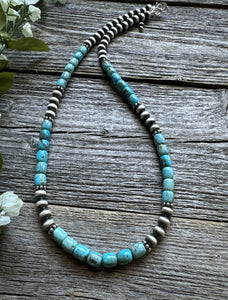 Sterling Silver Blue Turquoise W Pearls Bead Necklace. 18 inch