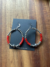 Load image into Gallery viewer, Sterling Silver Red Coral Bead W Pearls Loop Hoop Earrings.
