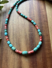 Load image into Gallery viewer, Sterling Silver Graduated Turquoise Heishi Spiny Oyster Bead Necklace 23 Inch
