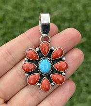 Load image into Gallery viewer, Navajo Sterling Silver Red Coral Turquoise Cluster Pendant LY
