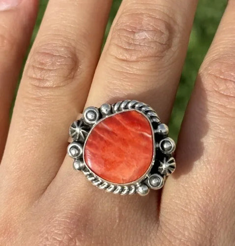 Navajo 925 Sterling Silver Orange Red Spiny Oyster Adjustable Ring. K Yazzie